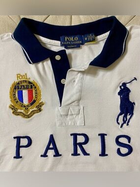 RALPH LAUREN POLO  MEN’s  White Shirt with Navy Trim & Embroidered Paris Crest